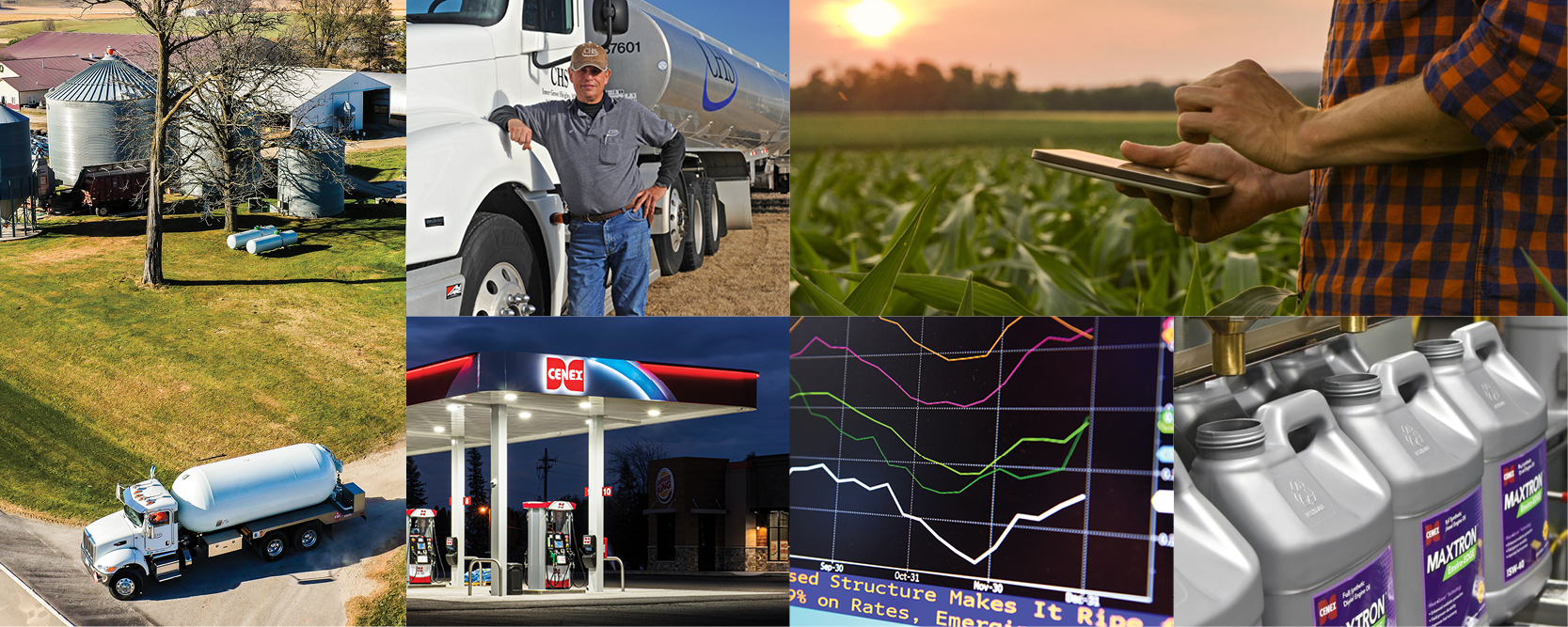 A photo grid of CHS Energy photos — propane truck, refined fuels tanker, technology in the field, Cenex station store, lubricants bottles